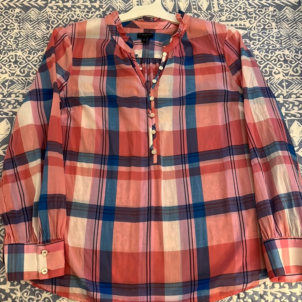 Talbots smock blouse, size M petite, plaid, salmon and blue, cotton